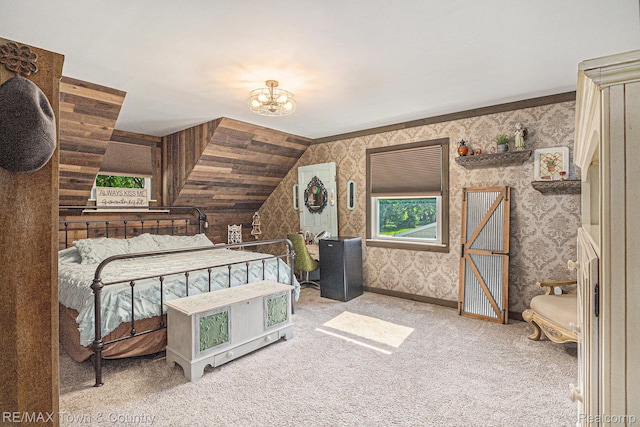 813 Birchwood Dr, Flushing, MI 48433 - carpeted bedroom with wallpapered walls, a chandelier, and vaulted ceiling