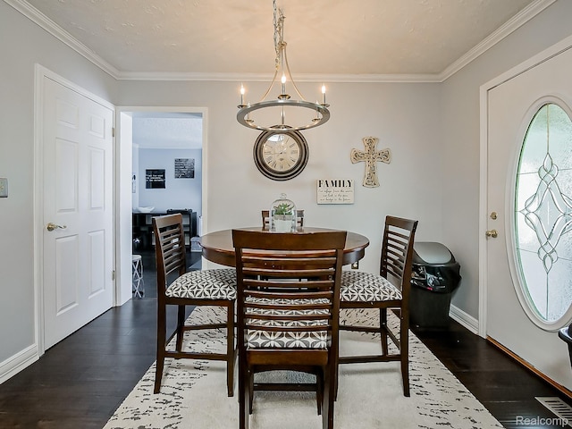 1725 Windingway Dr, Wixom, MI 48393 - dining room with dark wood-style floors, a chandelier, baseboards, and crown molding