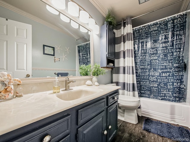 1725 Windingway Dr, Wixom, MI 48393 - bathroom with crown molding, vanity, wood finished floors, toilet, and shower / bath combo with shower curtain