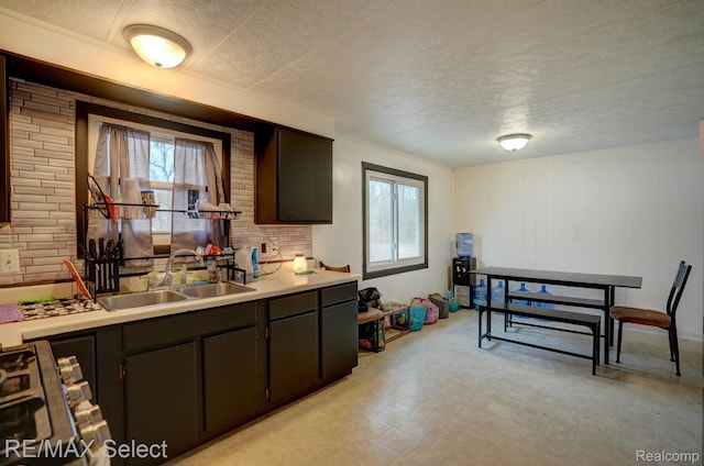 10304 Nichols Rd, Montrose, MI 48457 - kitchen featuring a sink, plenty of natural light, light countertops, a textured ceiling, and stainless steel gas range