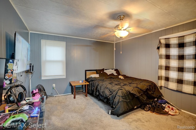 10304 Nichols Rd, Montrose, MI 48457 - carpeted bedroom with wooden walls and a ceiling fan