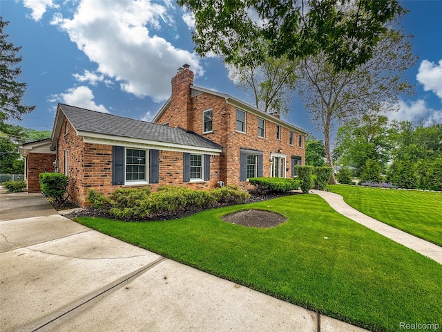 100 Overhill Rd, Bloomfield Hills, MI 48301 - view of front of house with brick siding, a front lawn, and a chimney
