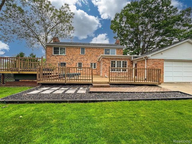 100 Overhill Rd, Bloomfield Hills, MI 48301 - rear view of house with a chimney, brick siding, a yard, and a garage