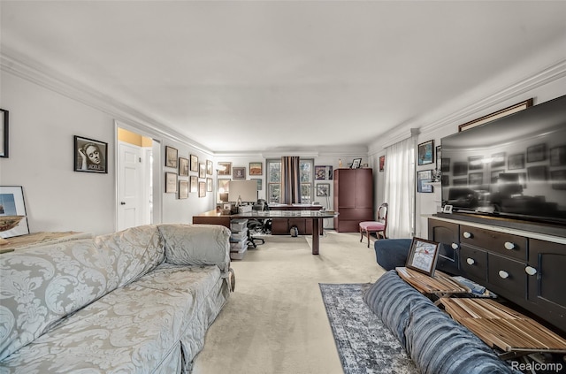 100 Overhill Rd, Bloomfield Hills, MI 48301 - living room with light carpet, an office area, and ornamental molding