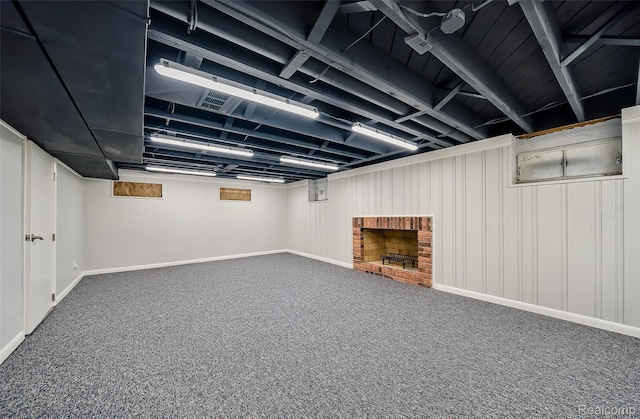 100 Overhill Rd, Bloomfield Hills, MI 48301 - finished basement featuring carpet flooring, baseboards, and a fireplace