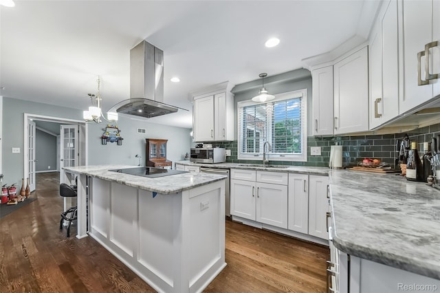 100 Overhill Rd, Bloomfield Hills, MI 48301 - kitchen with island range hood, a sink, a kitchen island, appliances with stainless steel finishes, and tasteful backsplash