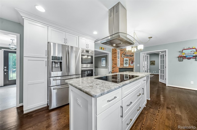 100 Overhill Rd, Bloomfield Hills, MI 48301 - kitchen featuring a chandelier, appliances with stainless steel finishes, island range hood, light stone countertops, and recessed lighting