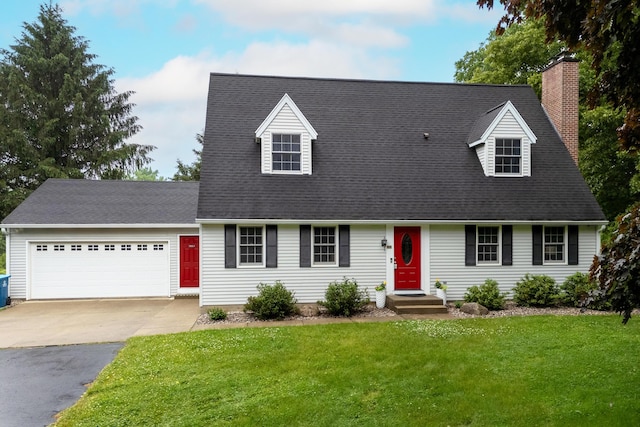 2961 E B Ave, Plainwell, MI 49080 - cape cod-style house with concrete driveway, a garage, a front lawn, and a chimney