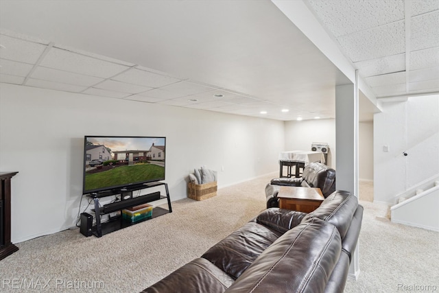13471 Longtin St, Southgate, MI 48195 - carpeted living room featuring a paneled ceiling, baseboards, and stairs