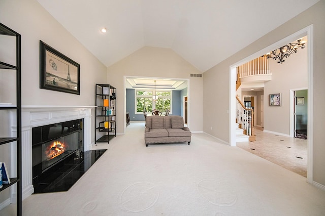4251 Fleming Way, Plymouth, MI 48170 - living area featuring stairs, a tile fireplace, baseboards, carpet flooring, and recessed lighting