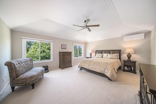 4251 Fleming Way, Plymouth, MI 48170 - bedroom featuring light colored carpet, a wall unit AC, vaulted ceiling, ceiling fan, and baseboards