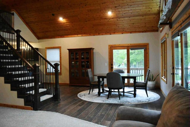2735 Nestrom Rd, Muskegon, MI 49445 - living room with wood ceiling, healthy amount of natural light, baseboards, stairway, and high vaulted ceiling