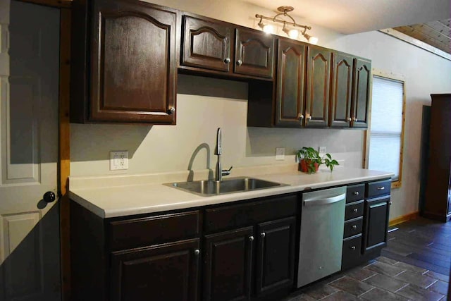 2735 Nestrom Rd, Muskegon, MI 49445 - kitchen with dishwasher, a sink, dark brown cabinetry, and light countertops