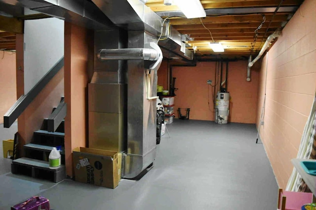 2735 Nestrom Rd, Muskegon, MI 49445 - unfinished basement featuring water heater, concrete block wall, and stairway