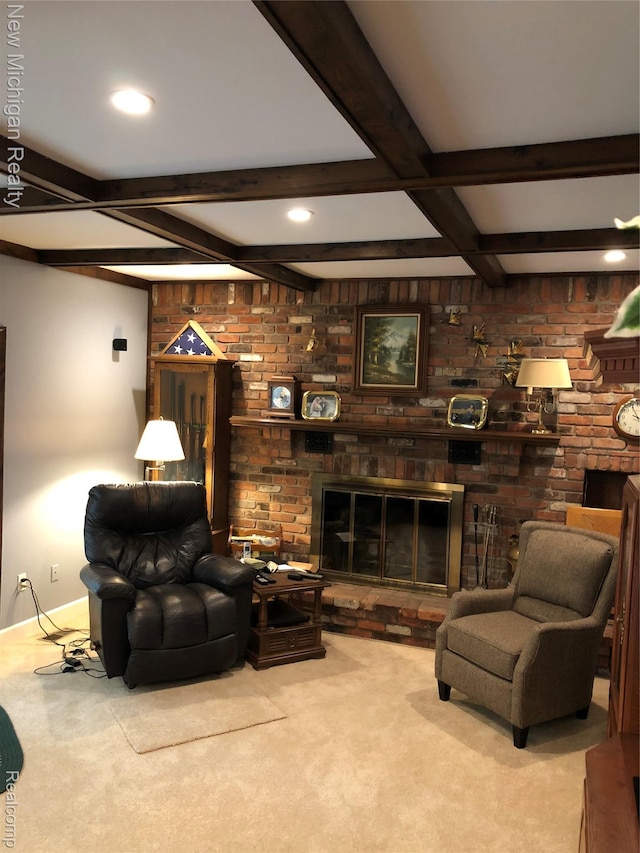 6567 Heaven Dr, Howell, MI 48855 - carpeted living area with beam ceiling, a brick fireplace, brick wall, and recessed lighting