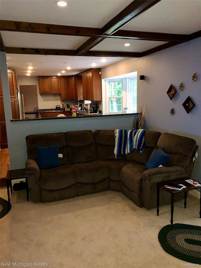 6567 Heaven Dr, Howell, MI 48855 - living room with beamed ceiling, recessed lighting, and light carpet