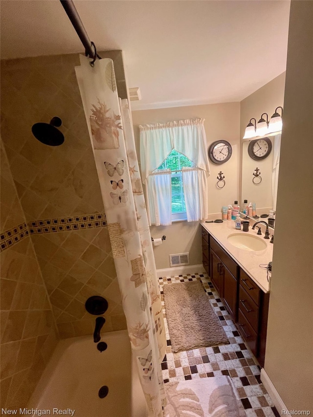 6567 Heaven Dr, Howell, MI 48855 - bathroom featuring vanity, shower / bathtub combination with curtain, and baseboards