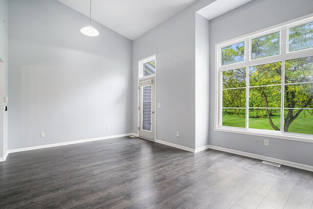 302 NE Xing, Holland, MI 49423 - spare room featuring healthy amount of natural light, lofted ceiling, dark wood-style floors, and baseboards