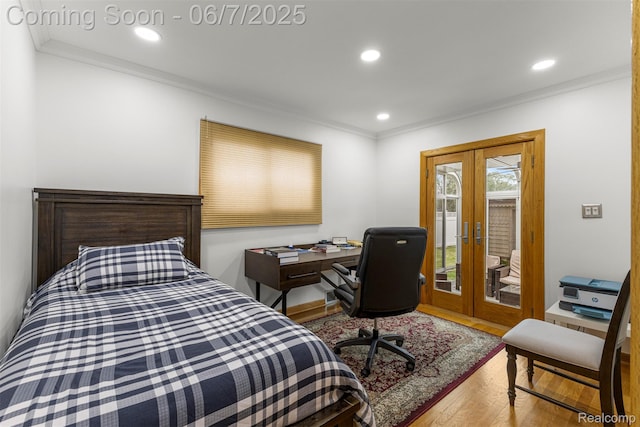 8786 N Evangeline St, Dearborn Heights, MI 48127 - bedroom featuring french doors, access to exterior, wood finished floors, ornamental molding, and recessed lighting
