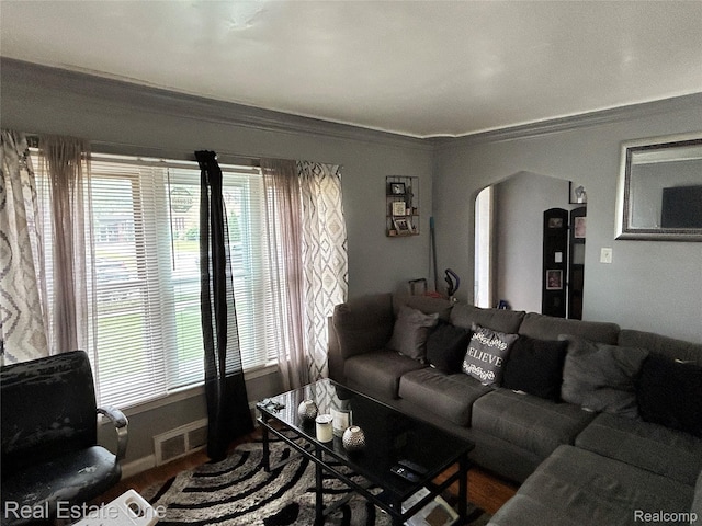 16857 Cheyenne St, Detroit, MI 48235 - living area featuring arched walkways, ornamental molding, plenty of natural light, and wood finished floors