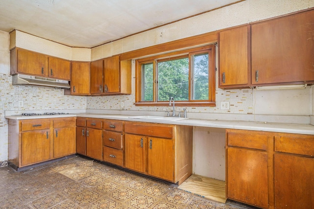 61473 M 40, Paw Paw, MI 49079 - kitchen featuring under cabinet range hood, a sink, light countertops, brown cabinetry, and backsplash