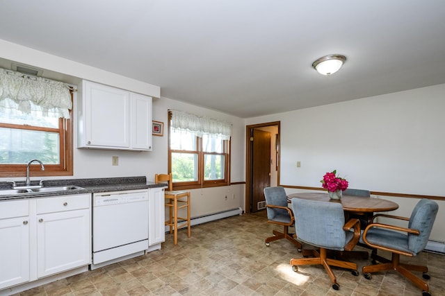 3715 Glen Haven Rd, Saint Joseph, MI 49085 - kitchen featuring dishwasher, a sink, baseboard heating, dark countertops, and white cabinetry