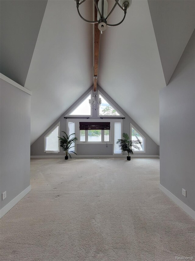 9635 Norman Rd, Clarkston, MI 48348 - unfurnished living room featuring a chandelier, carpet flooring, and baseboards