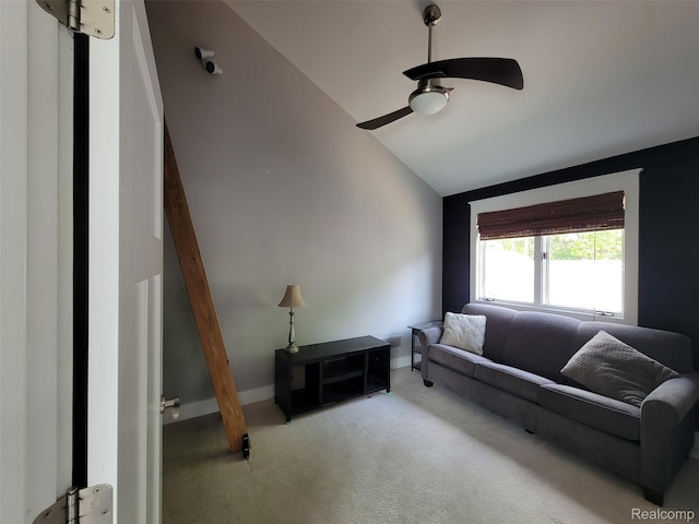 9635 Norman Rd, Clarkston, MI 48348 - carpeted living room featuring vaulted ceiling, ceiling fan, and baseboards