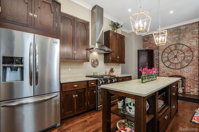 205 Alfred St Unit A, Detroit, MI 48201 - kitchen featuring stainless steel appliances, wall chimney exhaust hood, light countertops, dark wood-style floors, and ornamental molding