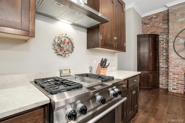 205 Alfred St Unit A, Detroit, MI 48201 - kitchen with extractor fan, high end range, dark wood-style floors, ornamental molding, and dark brown cabinetry
