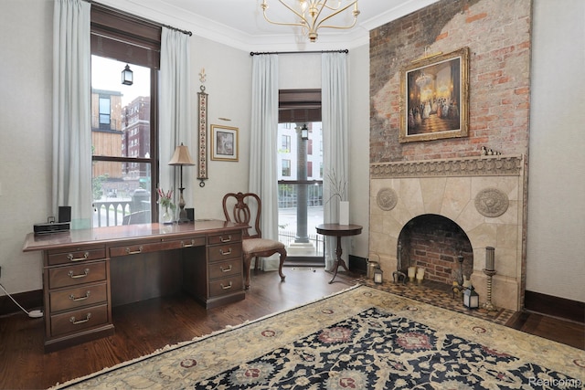 205 Alfred St Unit A, Detroit, MI 48201 - office with dark wood finished floors, a fireplace, ornamental molding, plenty of natural light, and a chandelier