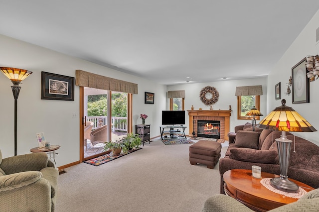 6676 Ralaric Dr, Dexter, MI 48130 - living room with carpet floors and a brick fireplace