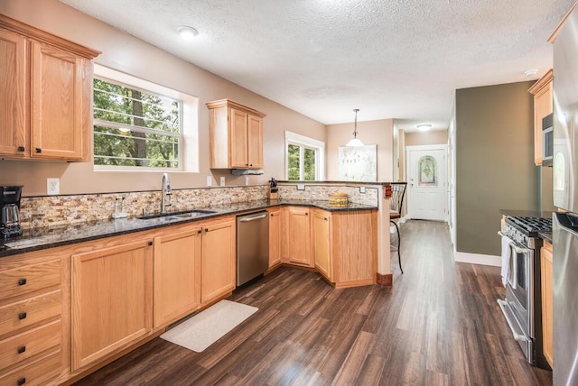 8833 W Velt Ave, Baldwin, MI 49304 - kitchen featuring a sink, appliances with stainless steel finishes, a peninsula, dark wood-type flooring, and a textured ceiling