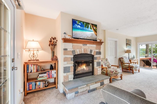 8833 W Velt Ave, Baldwin, MI 49304 - living area featuring carpet flooring, a stone fireplace, and a textured ceiling