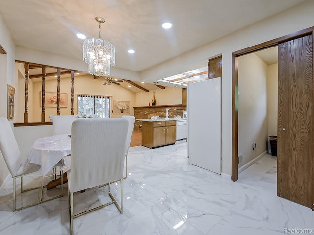 3849 Barg Dr, Warren, MI 48310 - dining area featuring a chandelier, recessed lighting, light marble finish flooring, baseboards, and ceiling fan
