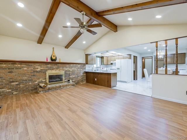 3849 Barg Dr, Warren, MI 48310 - unfurnished living room featuring light wood-style floors, a brick fireplace, ceiling fan, and recessed lighting