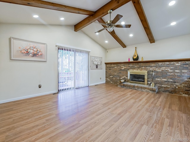 3849 Barg Dr, Warren, MI 48310 - unfurnished living room with baseboards, ceiling fan, wood finished floors, a brick fireplace, and recessed lighting