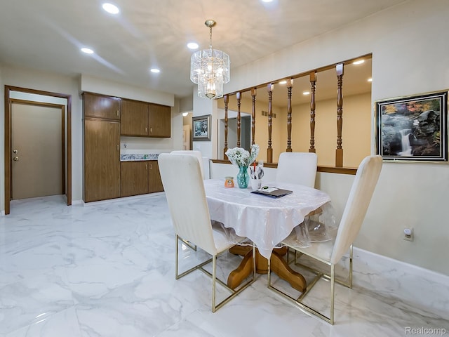 3849 Barg Dr, Warren, MI 48310 - dining space with recessed lighting, light marble finish floors, a chandelier, and baseboards