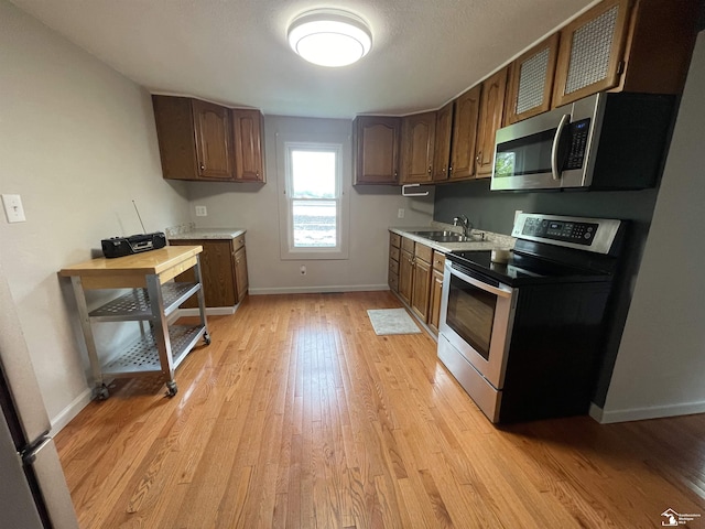 6301 E Albain Rd, Monroe, MI 48161 - kitchen with stainless steel appliances, a sink, light wood-style floors, baseboards, and light countertops