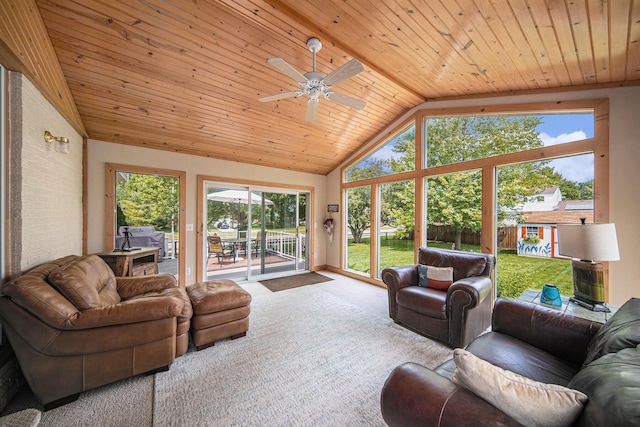 489 Old Creek Ct, Saline, MI 48176 - carpeted living area featuring healthy amount of natural light, ceiling fan, wood ceiling, and high vaulted ceiling