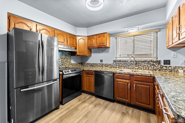 18607 Colonial Ct, Allen Park, MI 48101 - kitchen with stainless steel appliances, a sink, dark countertops, and brown cabinets