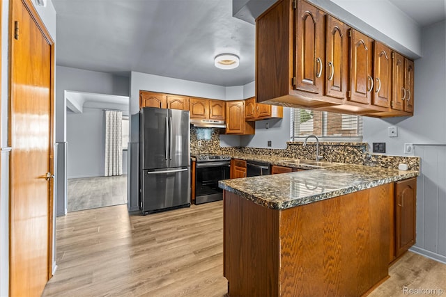 18607 Colonial Ct, Allen Park, MI 48101 - kitchen featuring appliances with stainless steel finishes, a sink, under cabinet range hood, a peninsula, and brown cabinetry