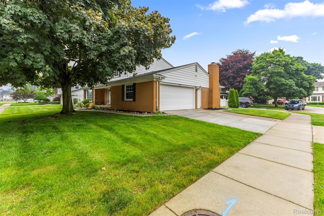 18607 Colonial Ct, Allen Park, MI 48101 - view of side of property with concrete driveway, an attached garage, brick siding, and a lawn