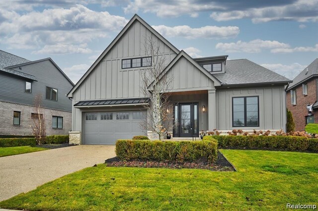 4174 Prescott Park Cir W, Bloomfield, MI 48323 - modern inspired farmhouse with board and batten siding, a standing seam roof, driveway, and a front lawn