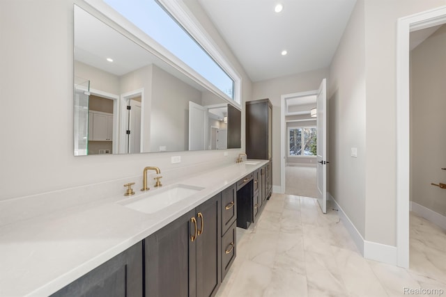 4174 Prescott Park Cir W, Bloomfield, MI 48323 - full bathroom featuring double vanity, marble look tiles, baseboards, and recessed lighting