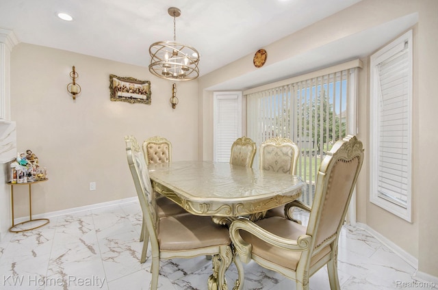 47040 W Wayford Dr, Shelby Twp, MI 48315 - dining area featuring light marble finish floors, baseboards, a chandelier, and recessed lighting