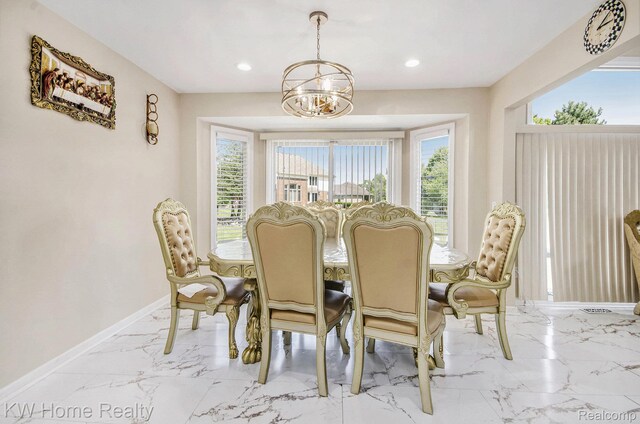 47040 W Wayford Dr, Shelby Twp, MI 48315 - dining area featuring a chandelier, baseboards, marble finish floors, and recessed lighting