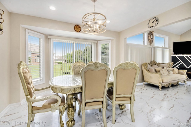 47040 W Wayford Dr, Shelby Twp, MI 48315 - dining room featuring a chandelier, light marble finish floors, healthy amount of natural light, recessed lighting, and baseboards