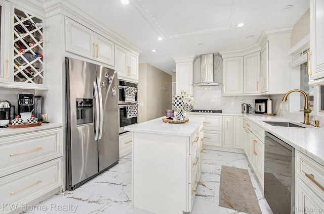 47040 W Wayford Dr, Shelby Twp, MI 48315 - kitchen with wall chimney exhaust hood, appliances with stainless steel finishes, light marble finish floors, a sink, and a center island