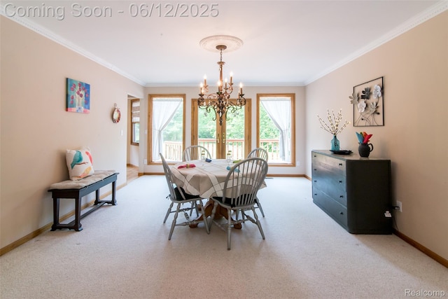 10399 Allen Rd, Clarkston, MI 48348 - carpeted dining room featuring baseboards, ornamental molding, and a chandelier